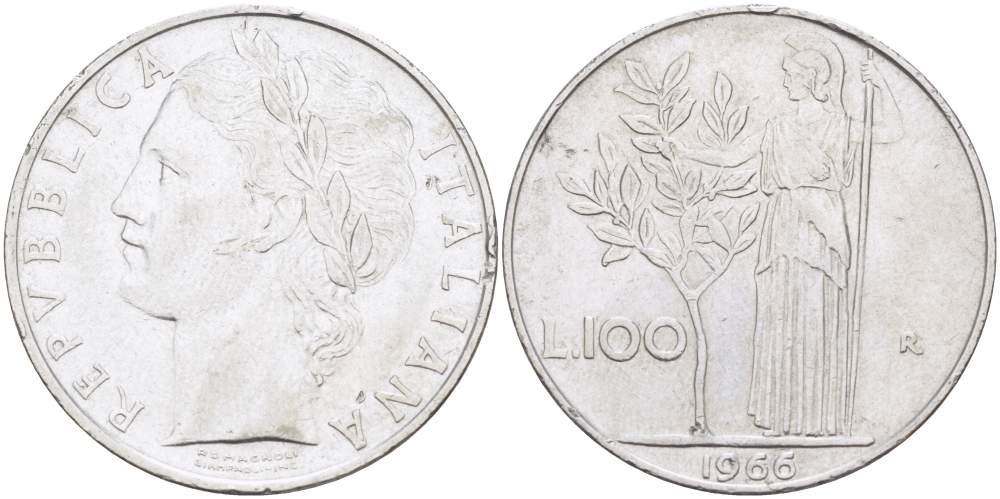 ИТАЛИЯ 100 ЛИР 1966 R, АФИНА KM 96.1 нержавеющая сталь 4526-322