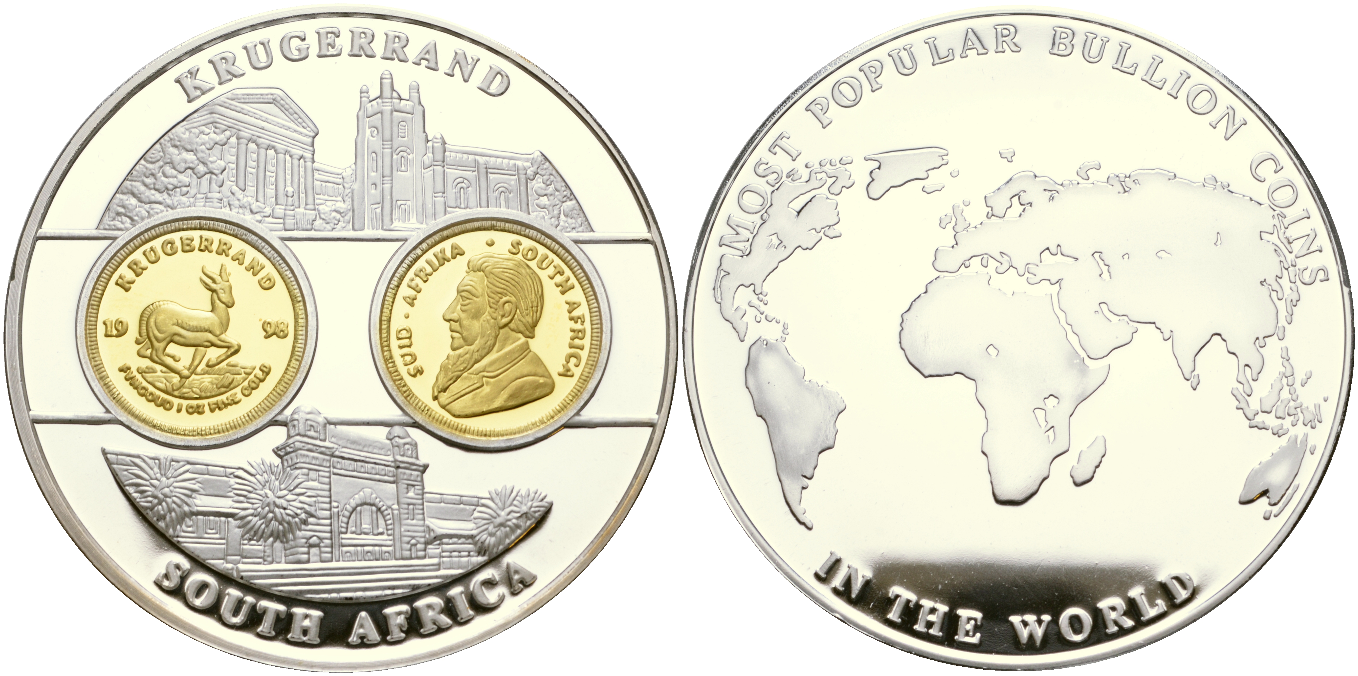 ЮАР медаль 1998 серия самые известные монеты мира, золотой крюгеранд сертификат, диаметр 50 мм.  посеребренный медно-никель  PROOF  1066-10-32