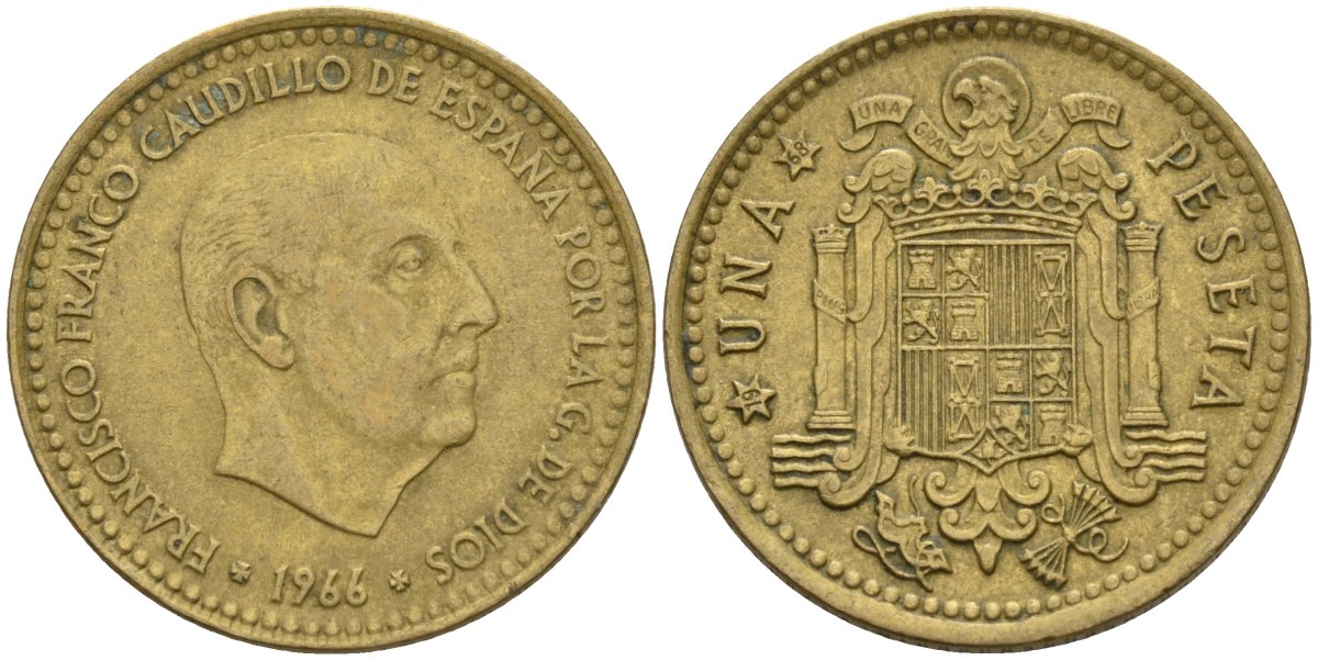 Испания 1 песета 1966 (68) Франсиско Франко (1939 - 1975) KM 796 алюминиевая бронза 4155-346