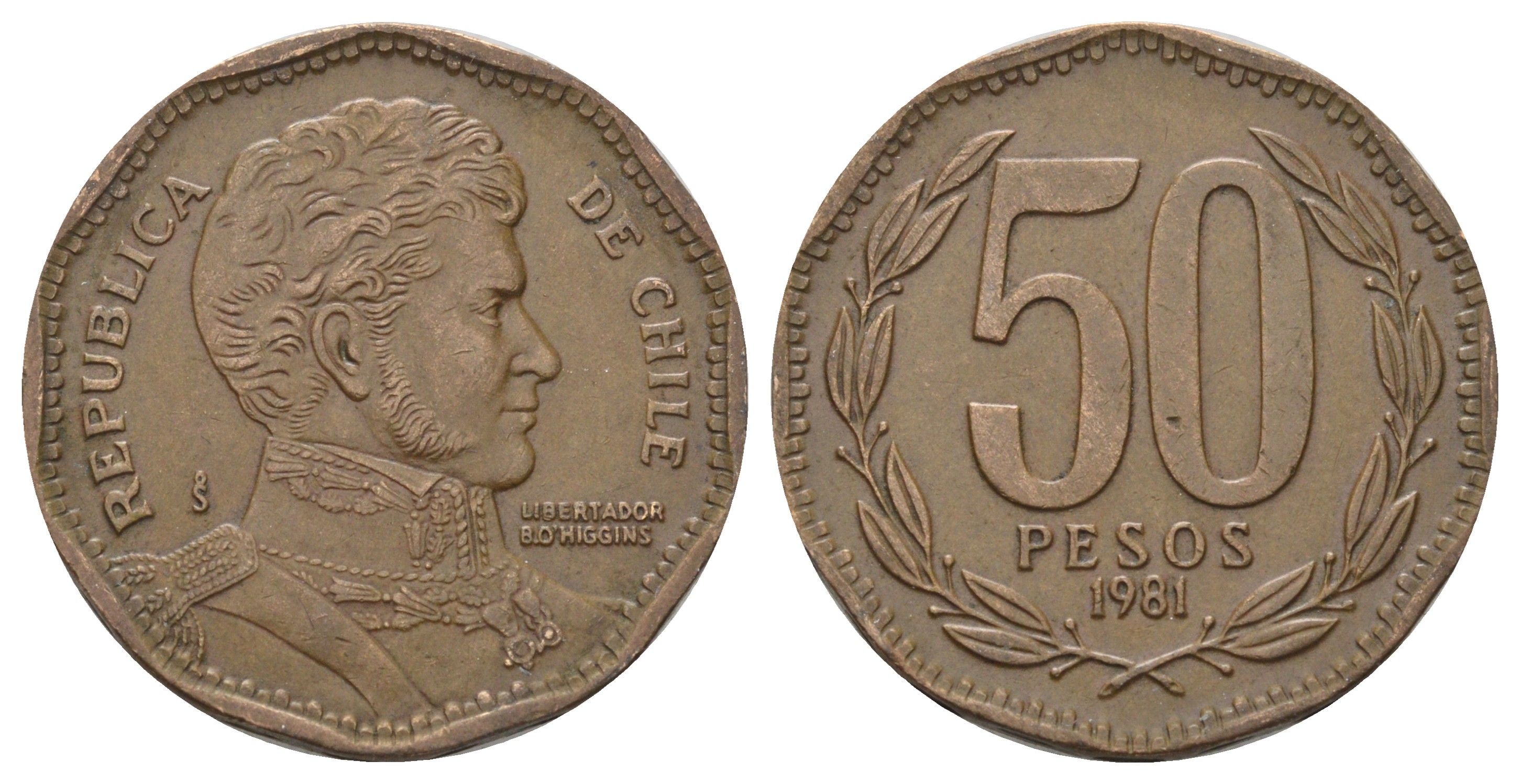 Чили 50 песо 1981 KM 219 алюминиевая бронза 4688-351