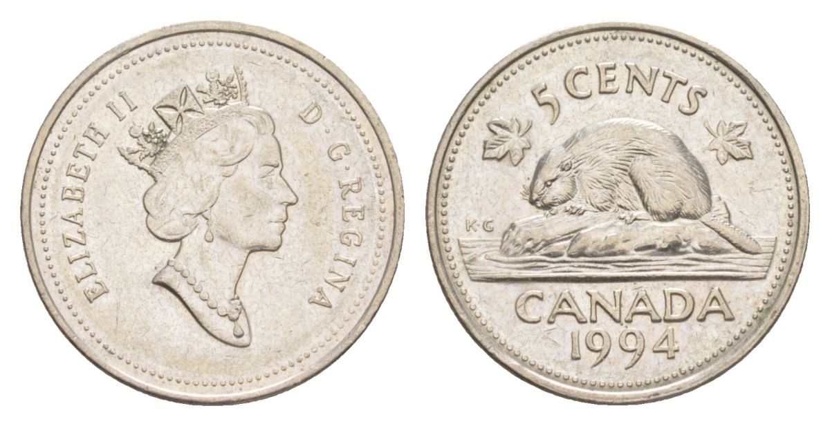 Канада 5 центов 1994 Елизавета II (1952-2022), бобр KM 182 медно-никель 4630-744