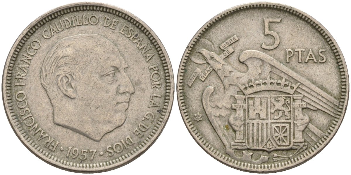 Испания 5 песет 1957 (65) Франсиско Франко (1939 - 1975) KM 786 медно-никель 4155-544