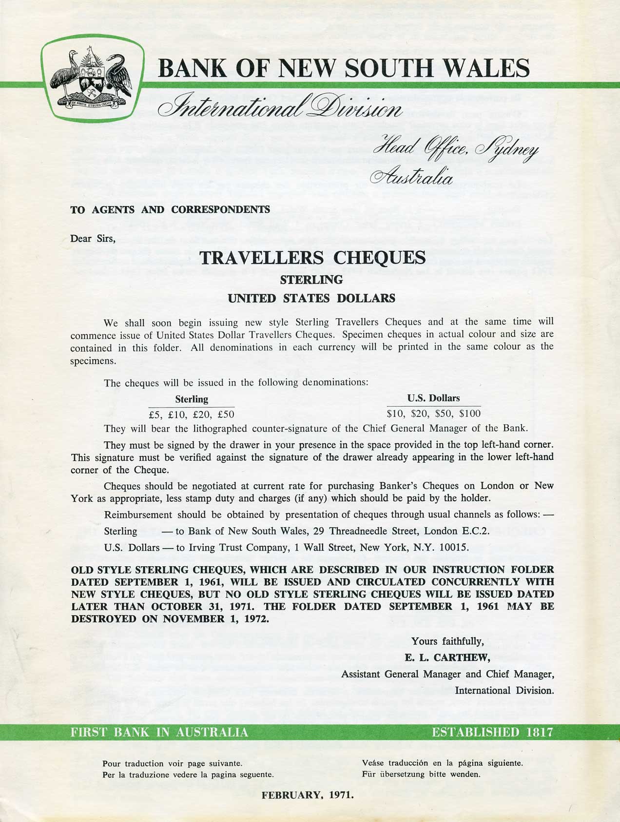 Австралия, Банк Южного Уэльса 50 фунтов и 50 долларов 1971 дорожные чеки, оригинальный буклет, образец Specimen   бумага  UNC (пресс) 5548-4-2-1