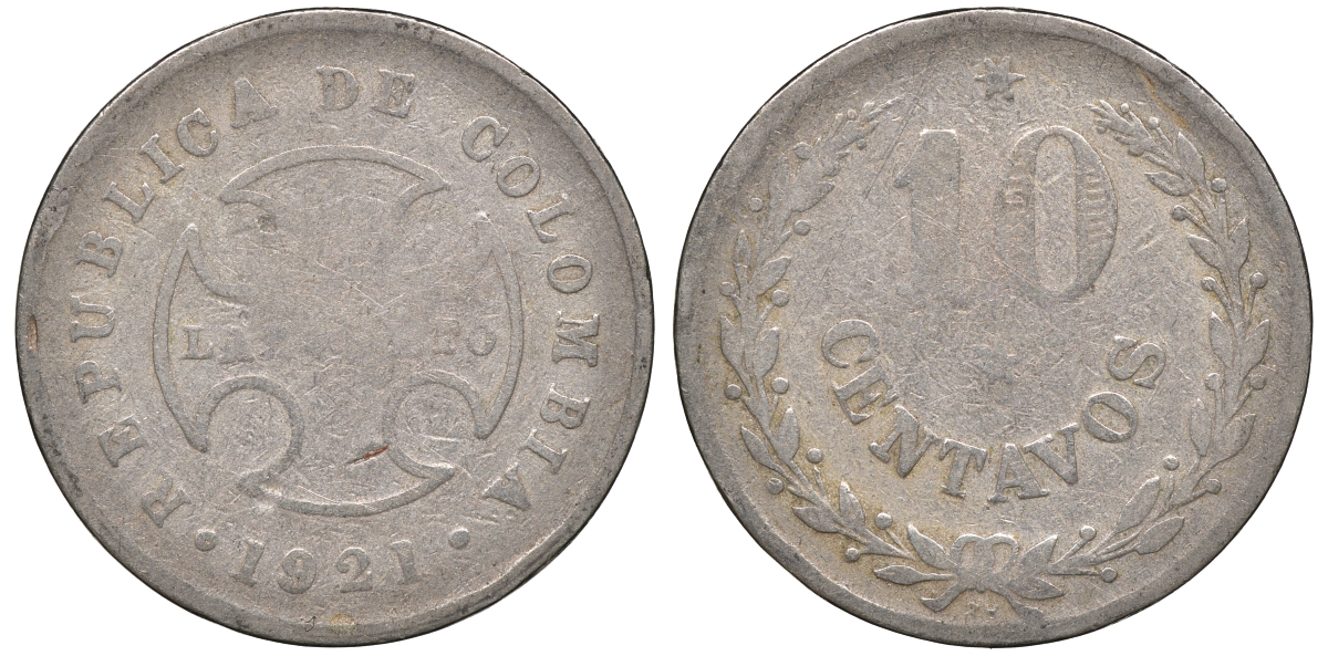 Колумбия 10 сентаво 1921 государственный лепрозорий KM L12 медно-никель 53-1052
