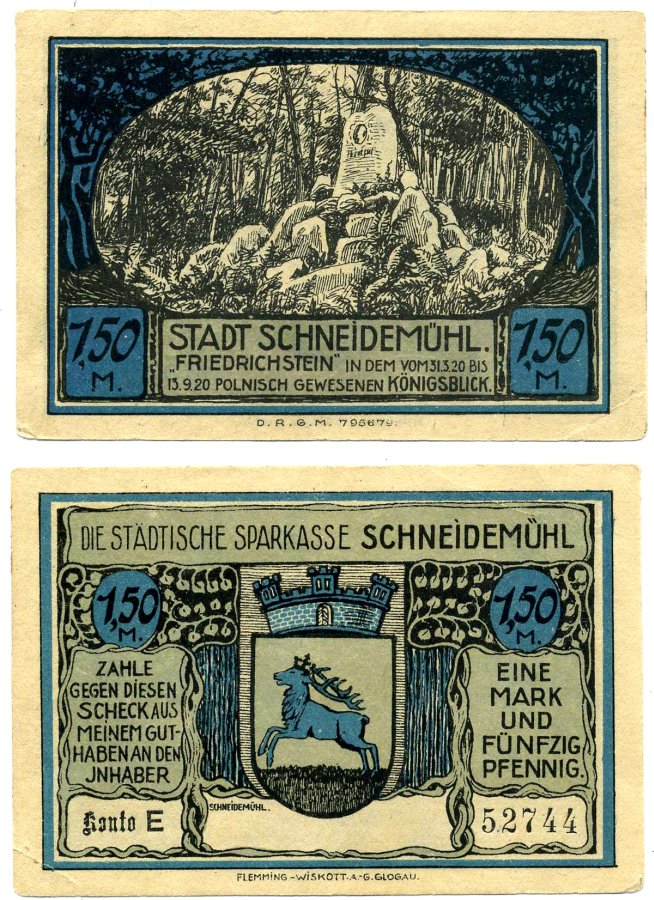 Шнейдемюль (SCHNEIDEMUHL) 1,5 марки 1922 нотгельд (KONTO Е), земля Померания Grabowski 1191.1b бумага 2196-1-2-2