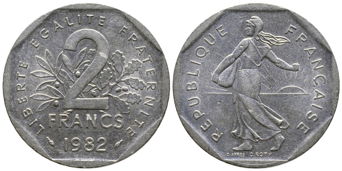 ФРАНЦИЯ 2 ФРАНКА 1982 СЕЯТЕЛЬ KM 942.1, LE FRANC 272.6 никель 36-135