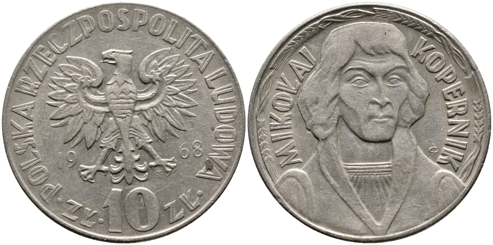 Польша 10 злотых 1968 MW, Николай Коперник KM 51а медно-никель 441-642