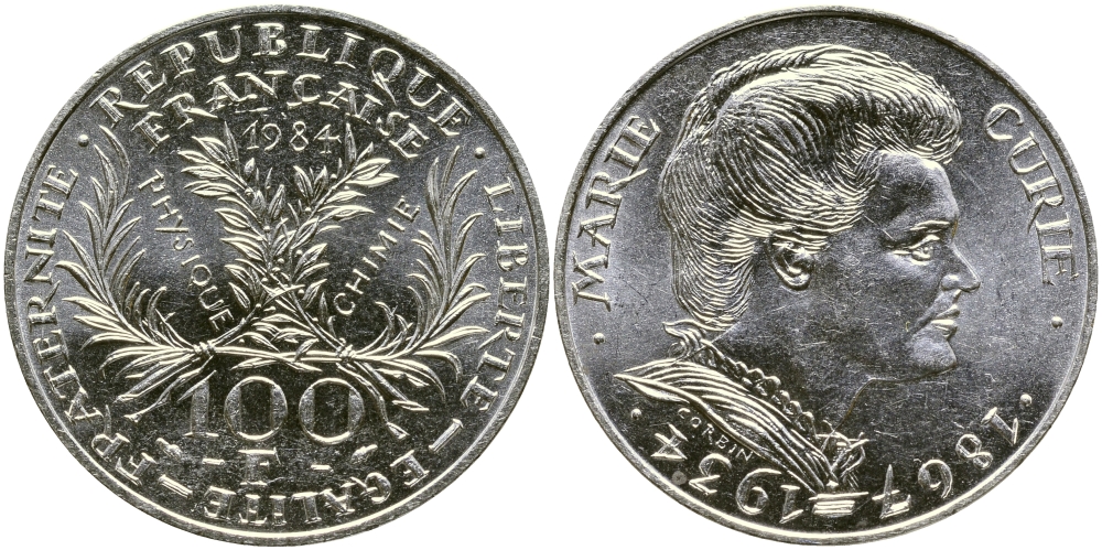 Франция 100 франков 1984 50 лет со дня смерти Марии Кюри KM 955 серебро UNC 4127-512