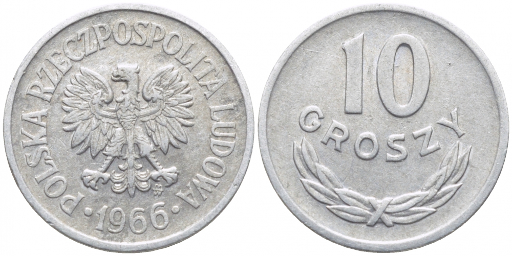 Польша 10 грошей 1966 MW KM AA47, Parchimowicz 206e алюминий 112-457