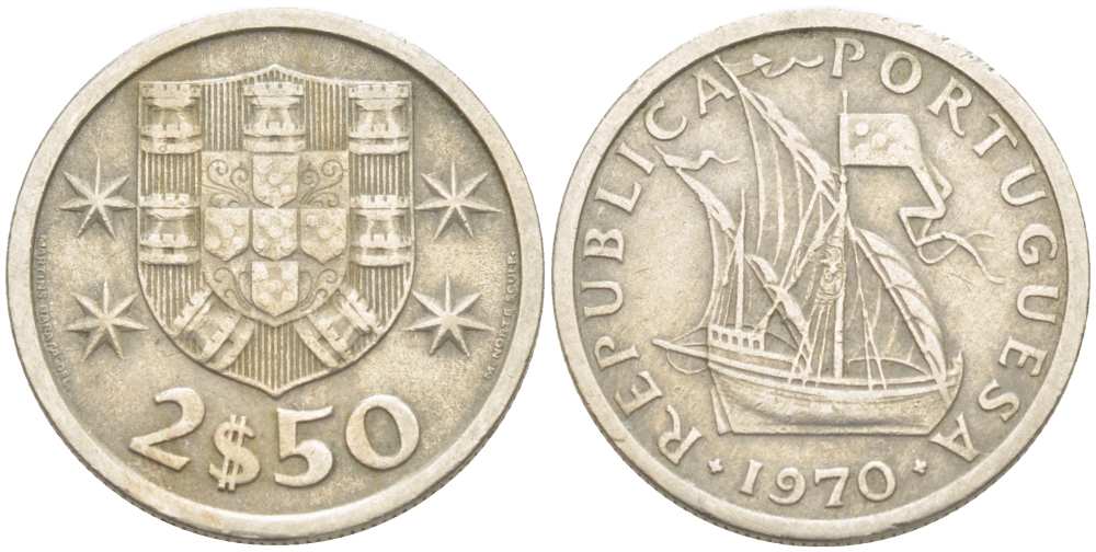 ПОРТУГАЛИЯ 2,5 ЭСКУДО 1970 ПАРУСНИК KM 590 медно-никель 4513-1136