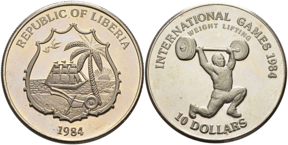 Либерия 10 долларов 1984 международные игры - тяжёлая атлетика KM 65 медно-никель аUNC 4368-322