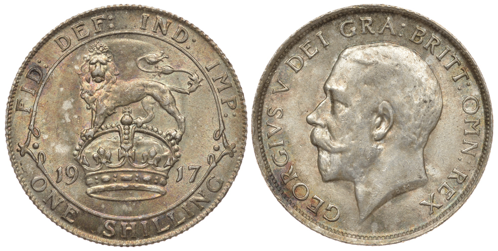 Великобритания 1 шиллинг 1917 Георг V (1910-1936) KM 816, Spink 4013 серебро aUNC 1074-8-65