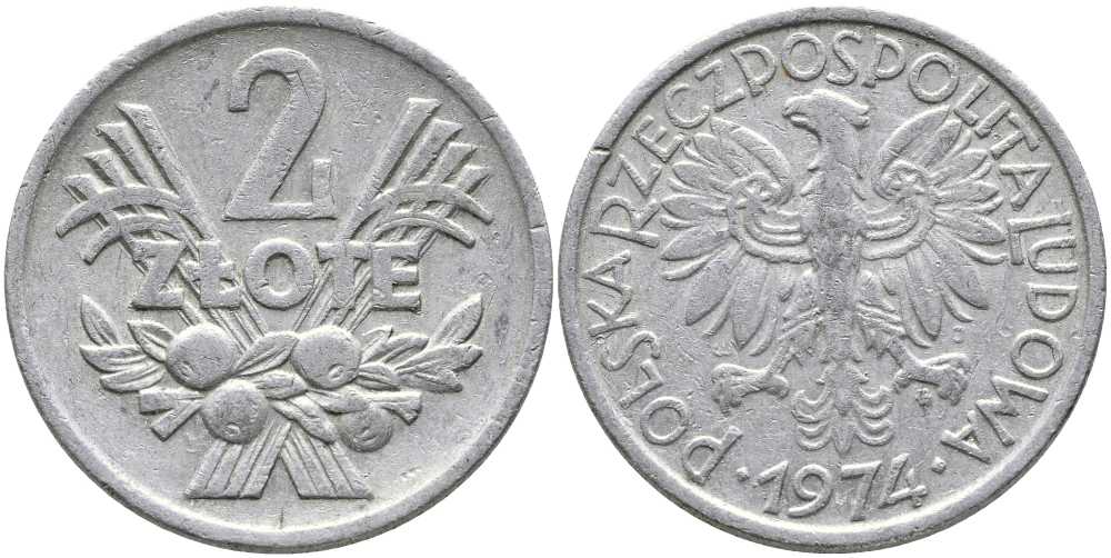 ПОЛЬША 2 ЗЛОТЫХ 1974 MW KM 46 алюминий 111-216