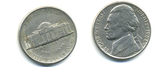 США 5 ЦЕНТОВ 1984 D ДЖЕФФЕРСОН KM А192 медно-никель 86-614