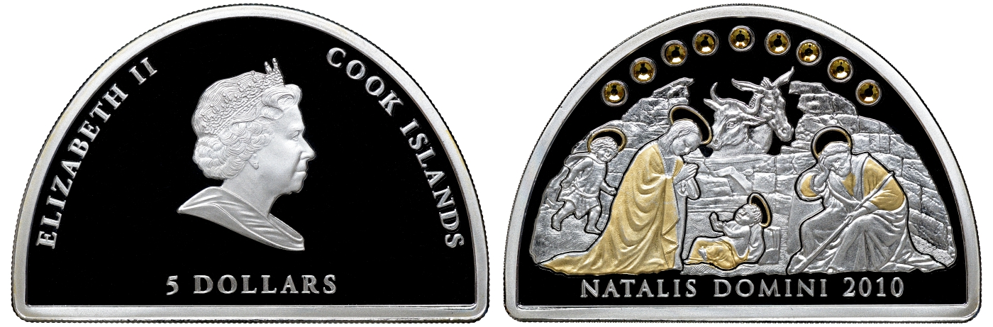 Острова Кука 5 долларов 2010 Natalis Domini, рождение Новой Эры, сцена рождения Христа, кристаллы, позолота KM NEW серебро PROOF 1065-1-43