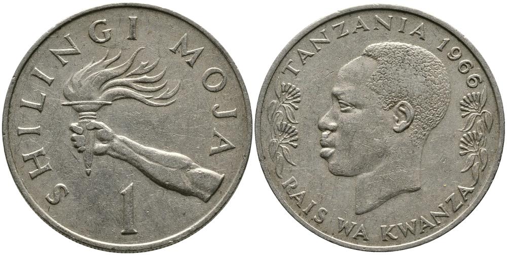 ТАНЗАНИЯ 1 ШИЛЛИНГ 1966 ПРЕЗИДЕНТ ДЖУЛИУС НЬЕРЕРЕ, РУКА С ФАКЕЛОМ KM 4 медно-никель 4542-625