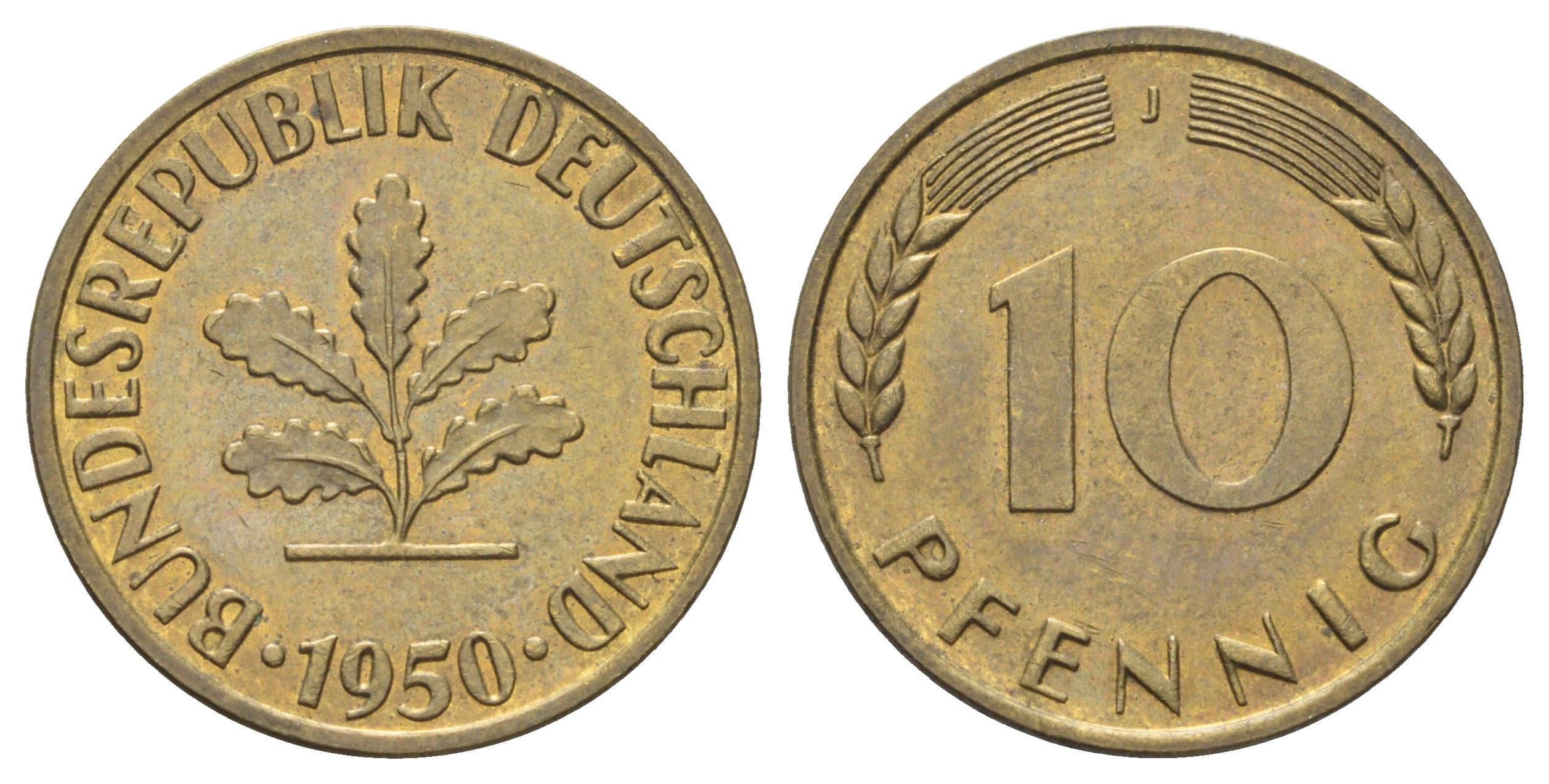 ФРГ 10 пфеннигов 1950 J KM 108, J. 383 сталь плакированная латунью 4697-556