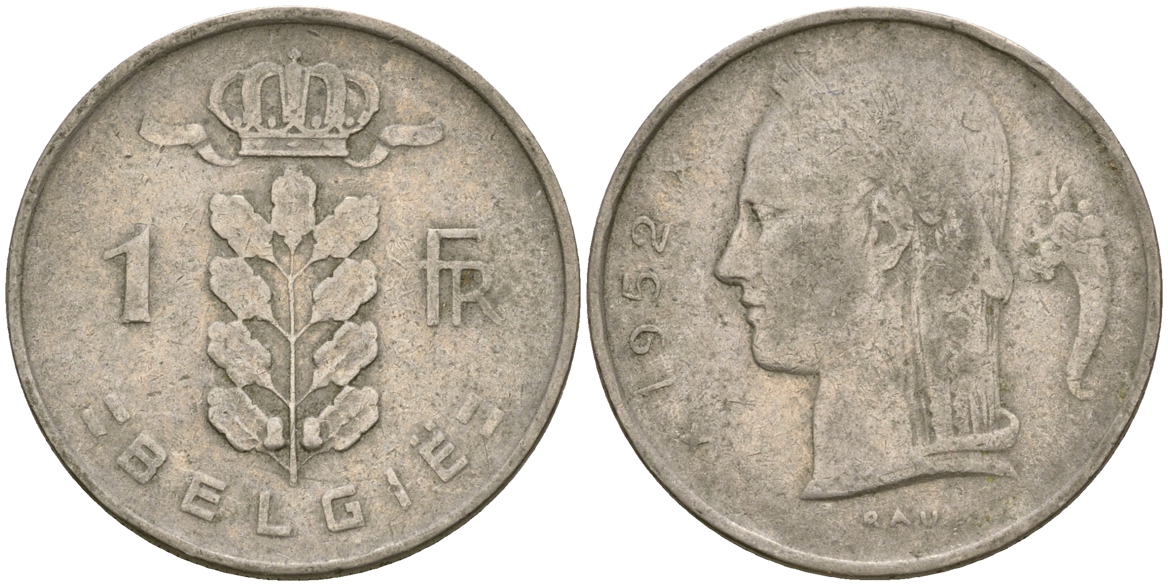 Бельгия 1 франк 1952 Belgie, Бодуэн I (1951-1993) KM 143.1 медно-никель 25-1255