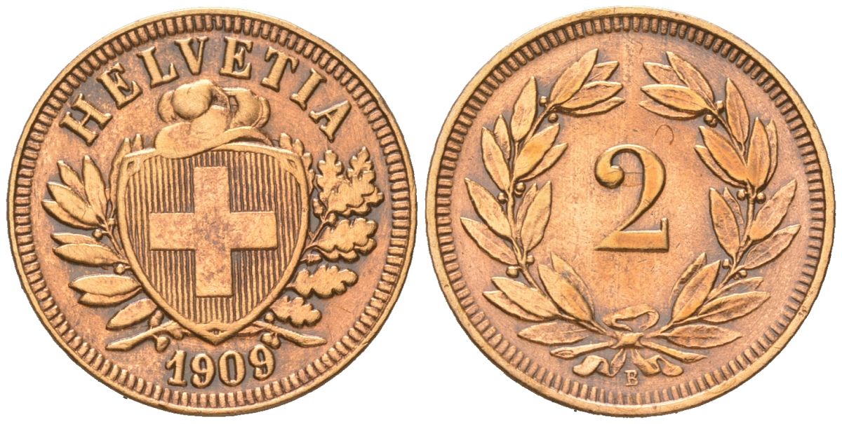 Швейцария 2 раппена 1909 B KM 4 бронза 4380-1042
