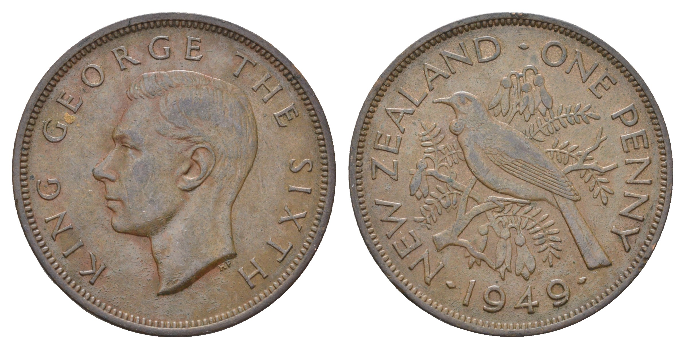Новая Зеландия 1 пенни 1949 Георг VI (1936-1952), новозеландский туи KM 21 бронза    4403-1234