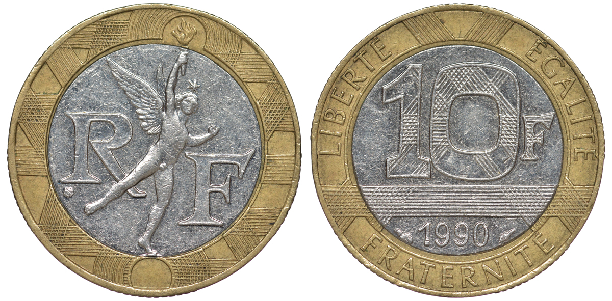 Франция 10 франков 1990 тип Гений Бастилии KM 964.1, Le Frank 375.5 биметалл 45-724