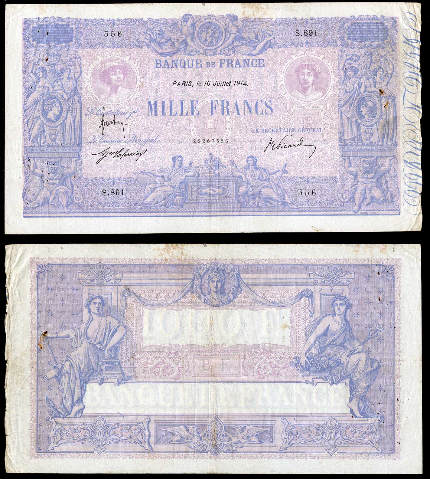 Франция 1000 франков 1914 16 июля 1914, подпись Frachon, J. Laferriere and E. Picard Pick 67g бумага 451-26-1