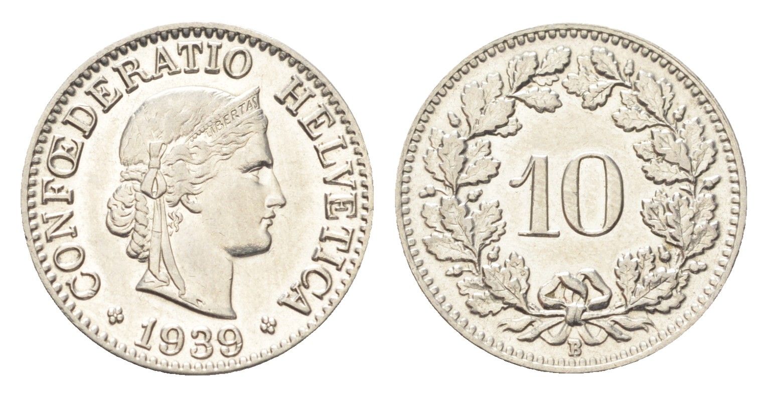 Швейцария 10 раппенов 1939 B KM 27b никель 4708-154