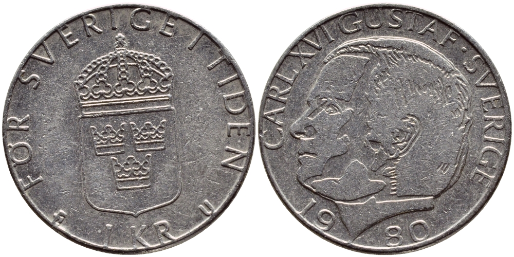 Швеция 1 крона 1980 Карл XVI Густав (1973- ) KM 852 медь плакированная медно-никелем 4397-954