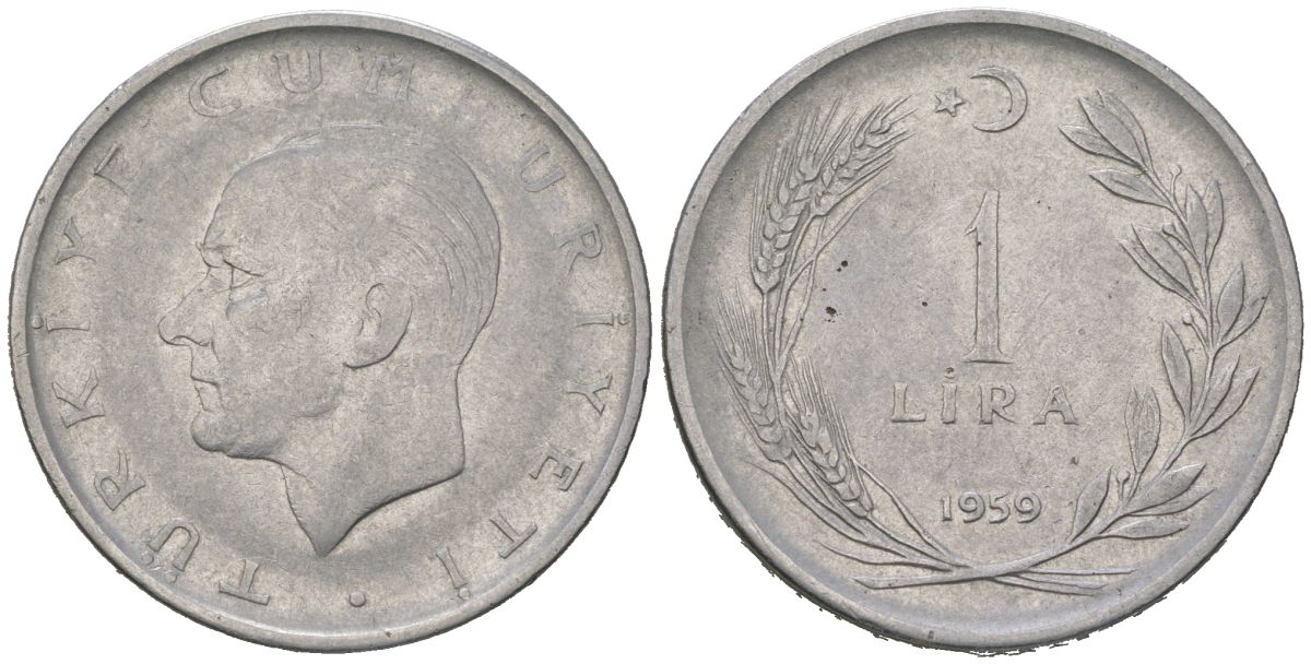 Турция 1 лира 1959 KM 889a.1 нержавеющая сталь 4582-352