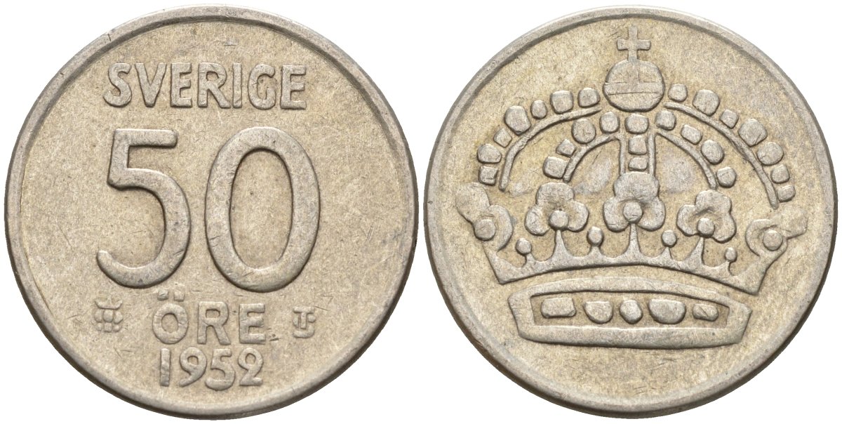 Швеция 50 эре 1952 TS, Густав VI Адольф (1950-1973) KM 825 серебро 4148-917