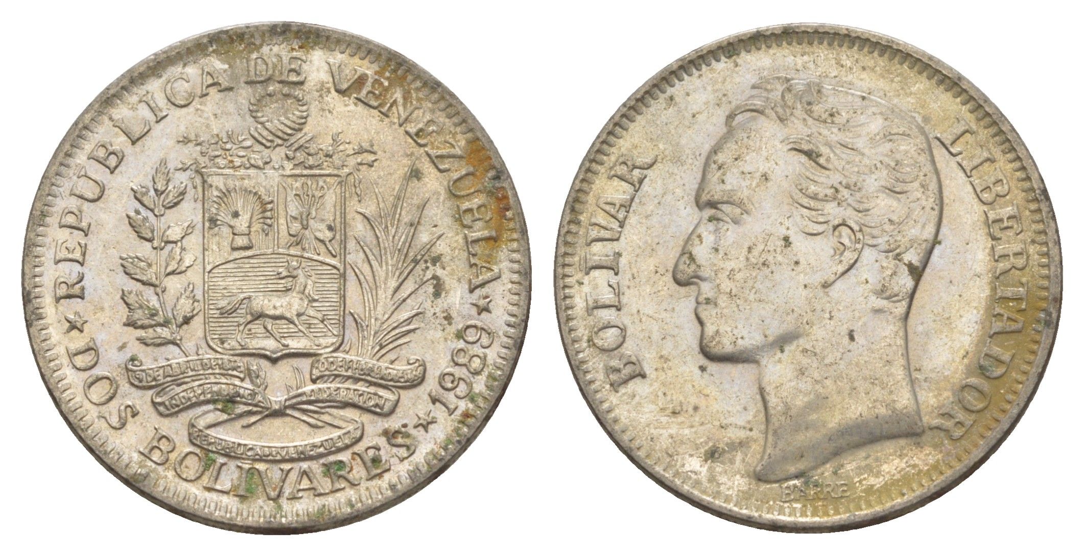 Венесуэла 2 боливара 1989 Симон Боливар Y 43a сталь плакированная никелем 4583-315