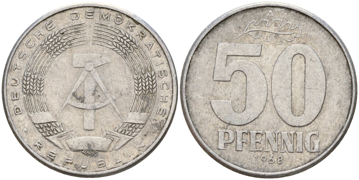 ГДР 50 пфеннигов 1968 A KM 12.2 алюминий 113-427