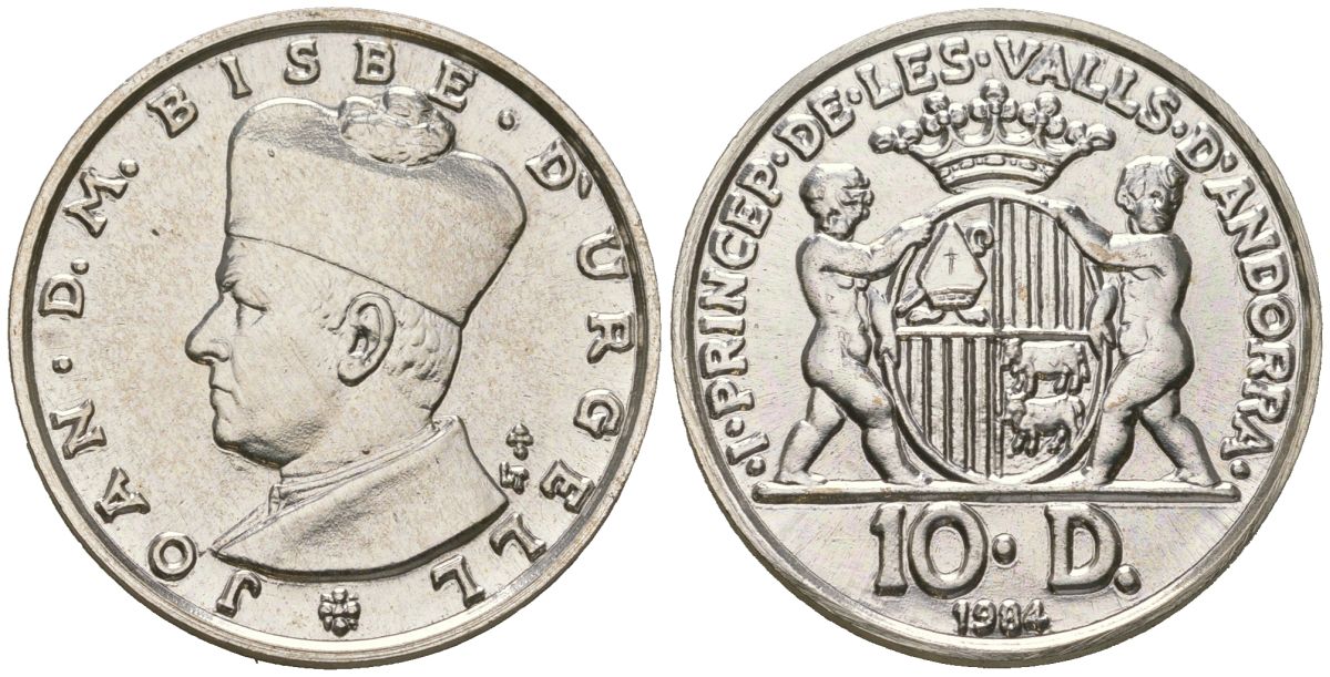 Андорра 10 динеров 1984 Жоан Марти-и-Аланис. Епископ Уржеля, тираж 7500 экз. KM 17 серебро BU 4606-1223