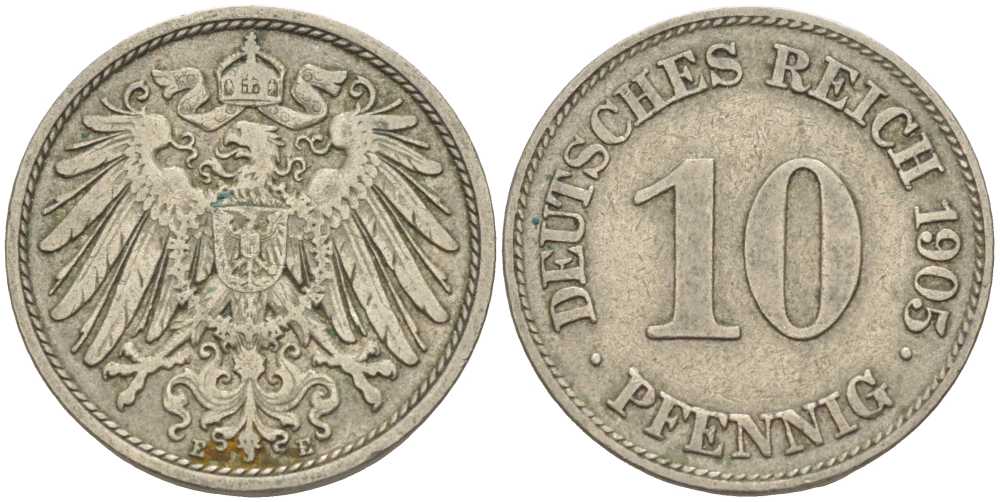 Германия 10 пфеннигов 1905 E KM 12, J. 13 медно-никель 34-412