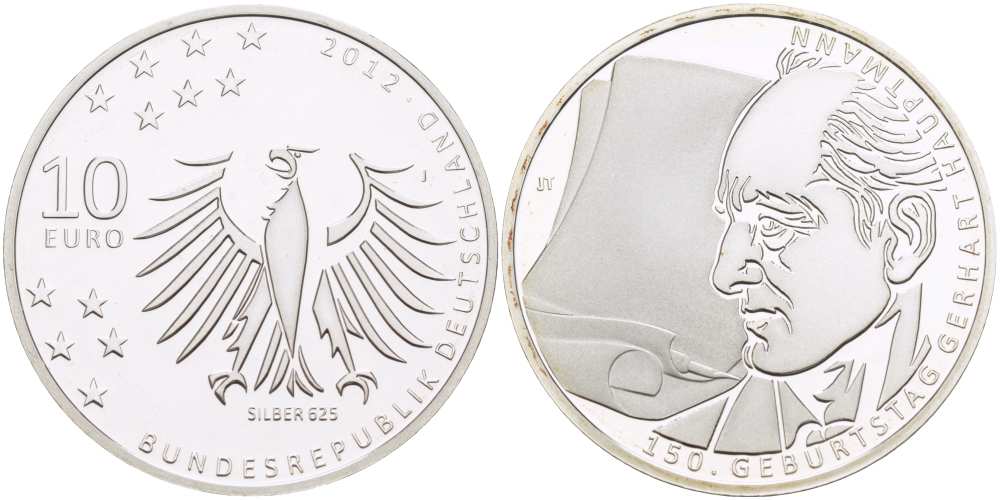 ФРГ 10 евро 2012 J, 150 ЛЕТ СО ДНЯ РОЖДЕНИЯ ГЕРХАРДА ХАУПМАНА KM 312 серебро PROOF 1082-9-42
