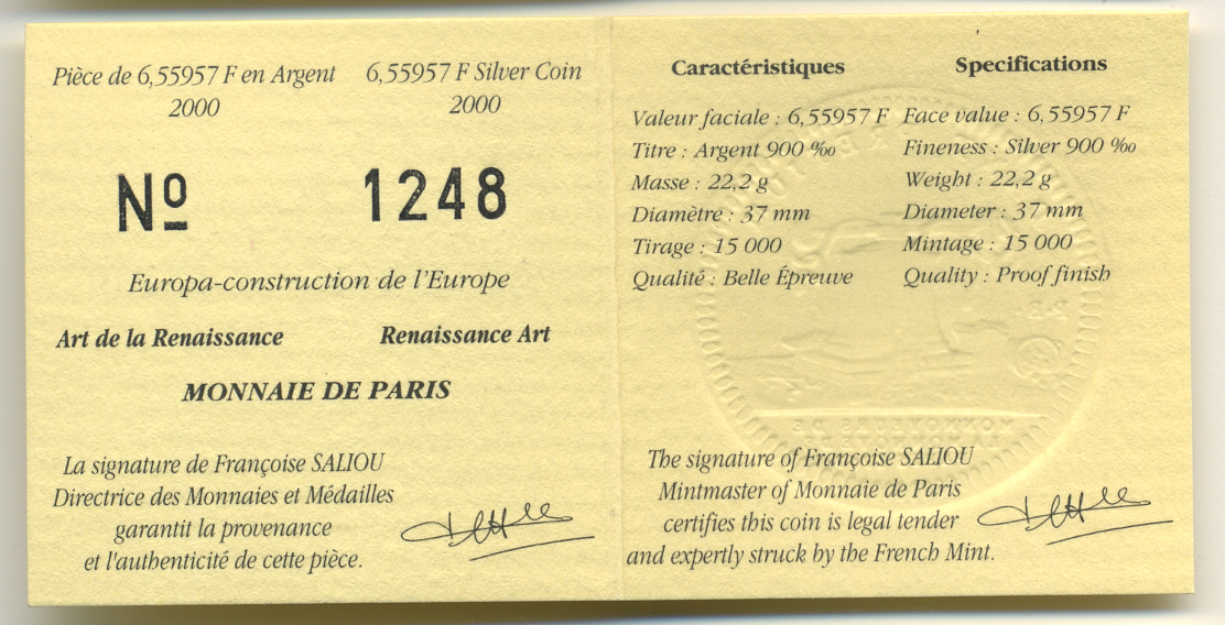 Франция 1 евро = 6,55957 франков 2000 архитектура Ренессанса (XV-XVI веков) в оригинальной коробке, с сертификатом KM 1225 серебро PROOF 4-3-3-18