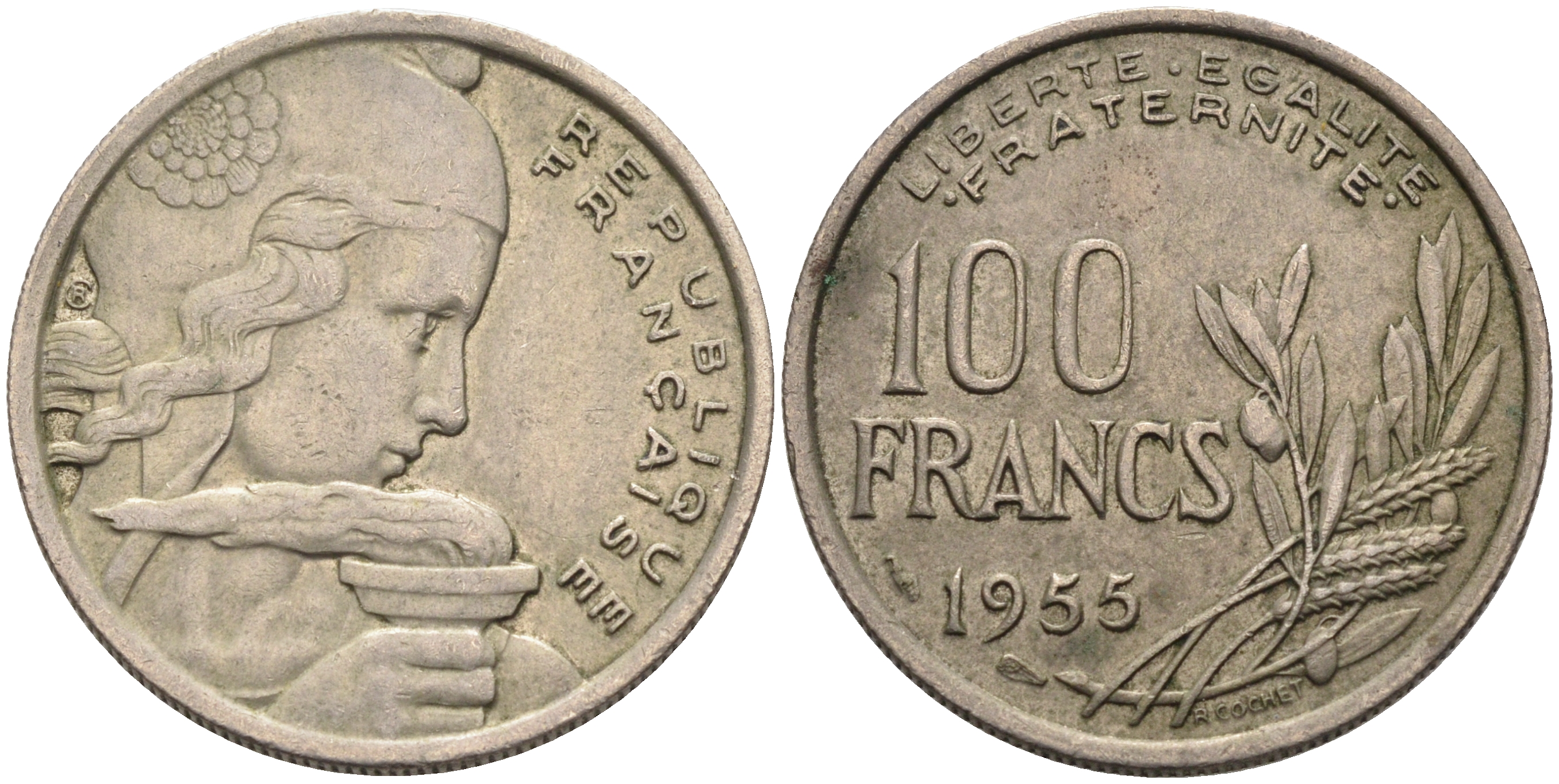 ФРАНЦИЯ 100 ФРАНКОВ 1955 KM 919.1 медно-никель 4589-721