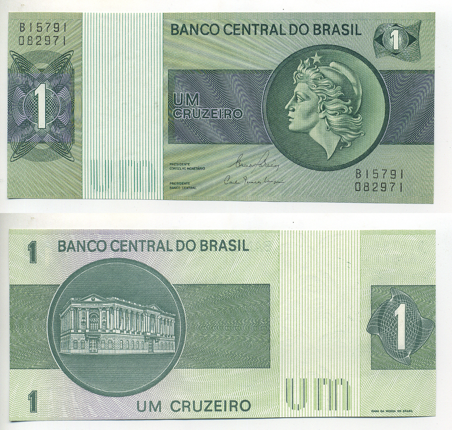 Бразилия 1 крузейро ND (1980) серия В 15ххх, подпись 20, голова свободы, здание Центрального банка Pick 191Ac бумага UNC (пресс) 7548-20-3