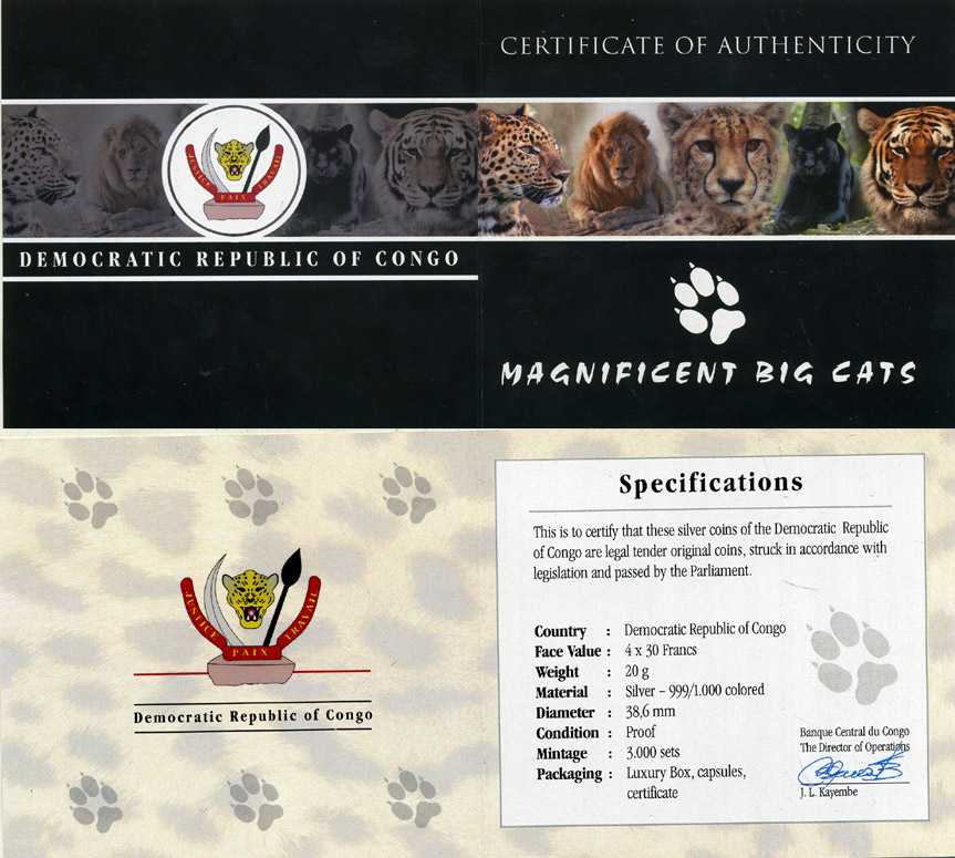 Конго набор из 4 монет по 30 франков 2011 серия 'Величественные крупные кошки', тигр, леопард, гепард, лев, вес каждой монеты 20 гр., тираж 3000 наборов, эмаль, в оригинальной деревянной коробке с сертификатом серебро PROOF 4-3-2-08