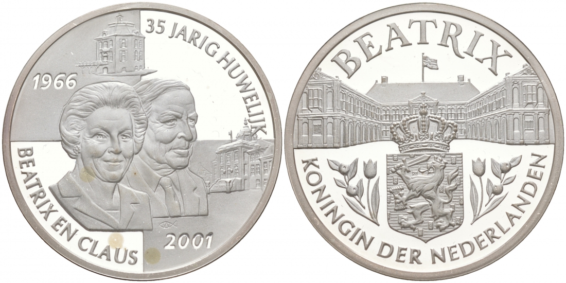 НИДЕРЛАНДЫ МЕДАЛЬ 2001 КОРОЛЕВА БЕАТРИКС, 35 ЛЕТ СВАДЬБЕ БЕАТРИКС И КЛАУСА (1966-2001), ДИАМЕТР 30 ММ. медно-никель PROOF 1087-9-31
