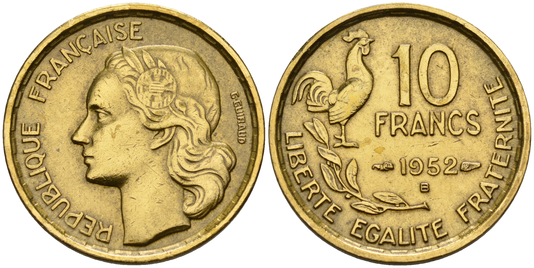 Франция 10 франков 1952 B, петух KM 915.2, Le Franc 363.5 алюминиевая бронза    4152-1242