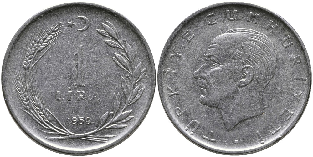 Турция 1 лира 1959 Мустафа Кемаль Ататюрк KM 889а.1 нержавеющая сталь 4541-224