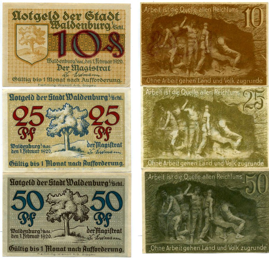 ВАЛЬДЕНБУРГ набор из 3 БАНКНОТ 1920 1 февраля 1920, нотгельд (10, 25, 50 пфеннигов), земля СИЛЕЗИЯ Grabowski W3.16a, W3.16b, W3.16c бумага 2193-19-1-1