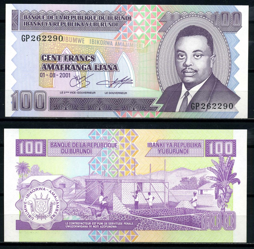 Бурунди 100 франков 2001 Кронпринц Луи Рвагасоре, строительство дома Pick 37 c бумага UNC (пресс) 6317-35-2-2