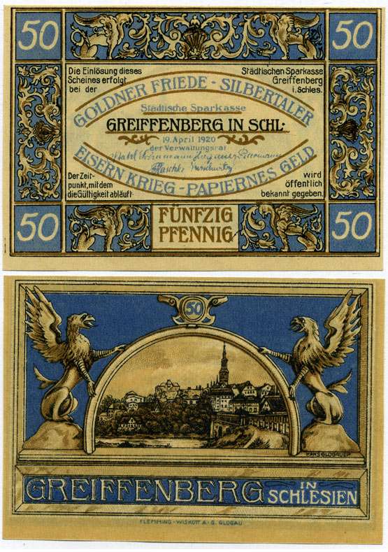 Германия, Грайфенберг (Грыфув) 50 пфеннигов 1920 19 апреля 1920, нотгельд, Польша Grabowski 470.1  бумага  UNC (пресс) 7221-10-1-1