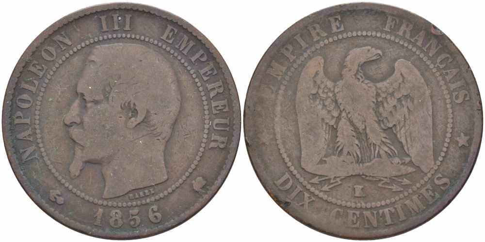 Франция 10 сантимов 1856 K, Наполеон III (1852-1870) KM 771.5, Le Franc 133.36 бронза    4680-624