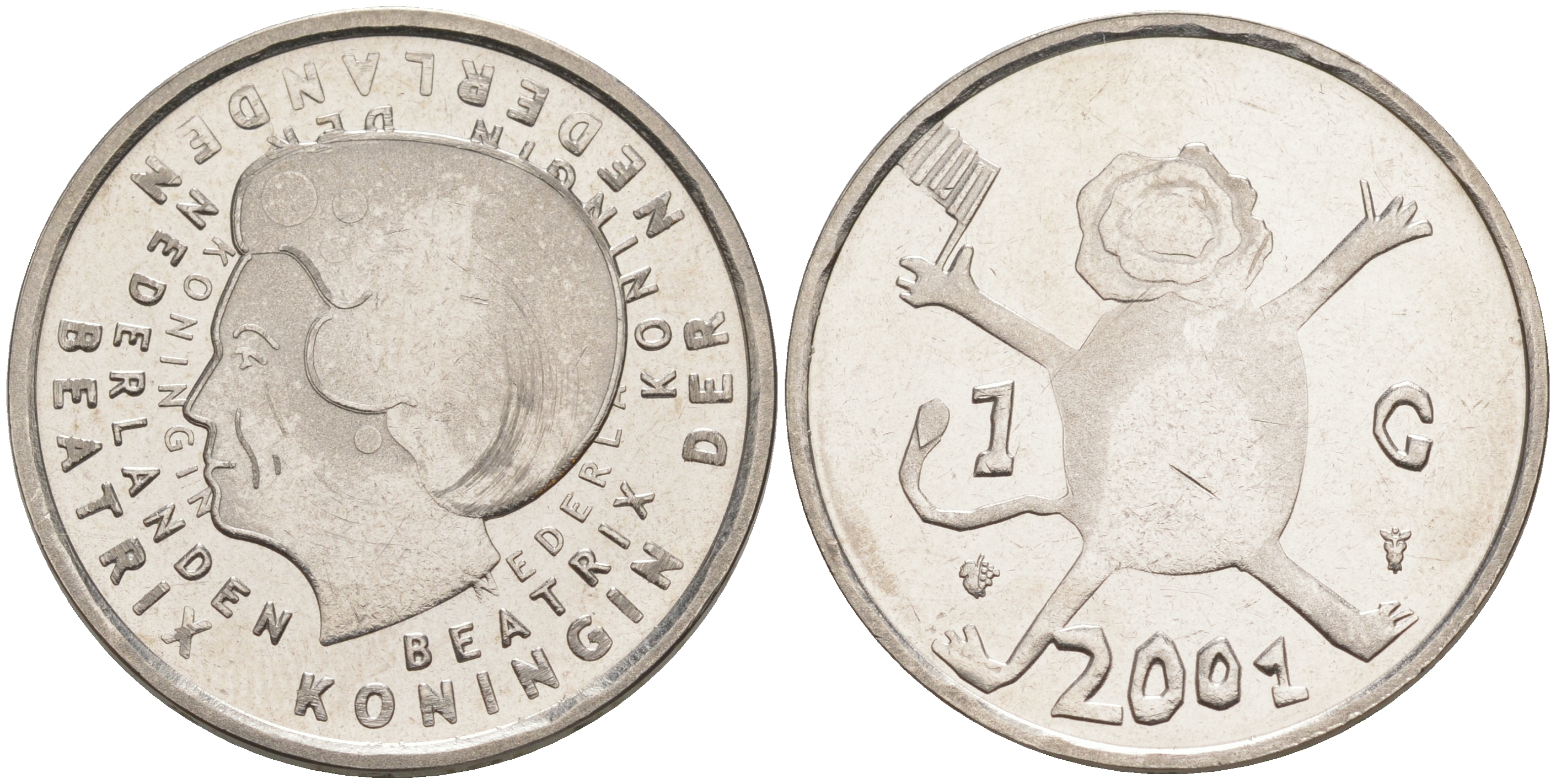 Нидерланды 1 гульден 2001 прощай гульден, детский рисунок, лев с флагом в руках KM 233 никель UNC 106-325