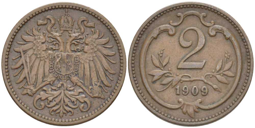 АВСТРИЯ 2 ГЕЛЛЕРА 1909 ФРАНЦ ИОСИФ (1846-1918) KM 2801 бронза 201-914