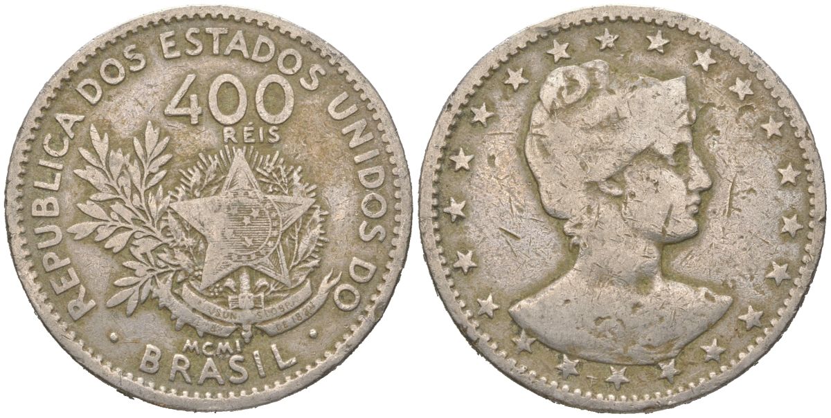 Бразилия 400 реалов 1901 MCMI, голова свободы вправо KM 505 медно-никель 4612-525