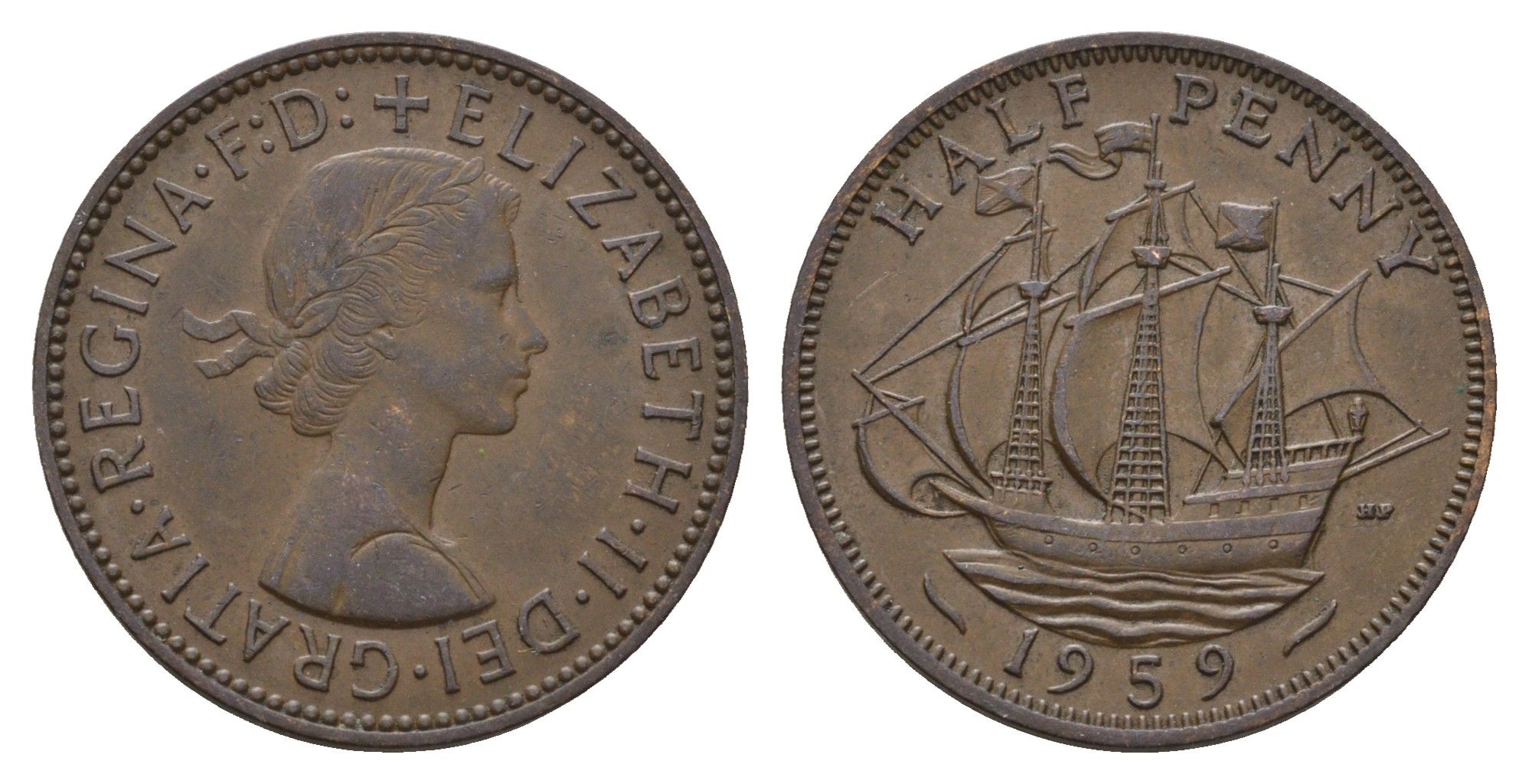 Великобритания 1/2 пенни 1959 Елизавета II (1952-2022) KM 896, Spink 4158 бронза 94-853